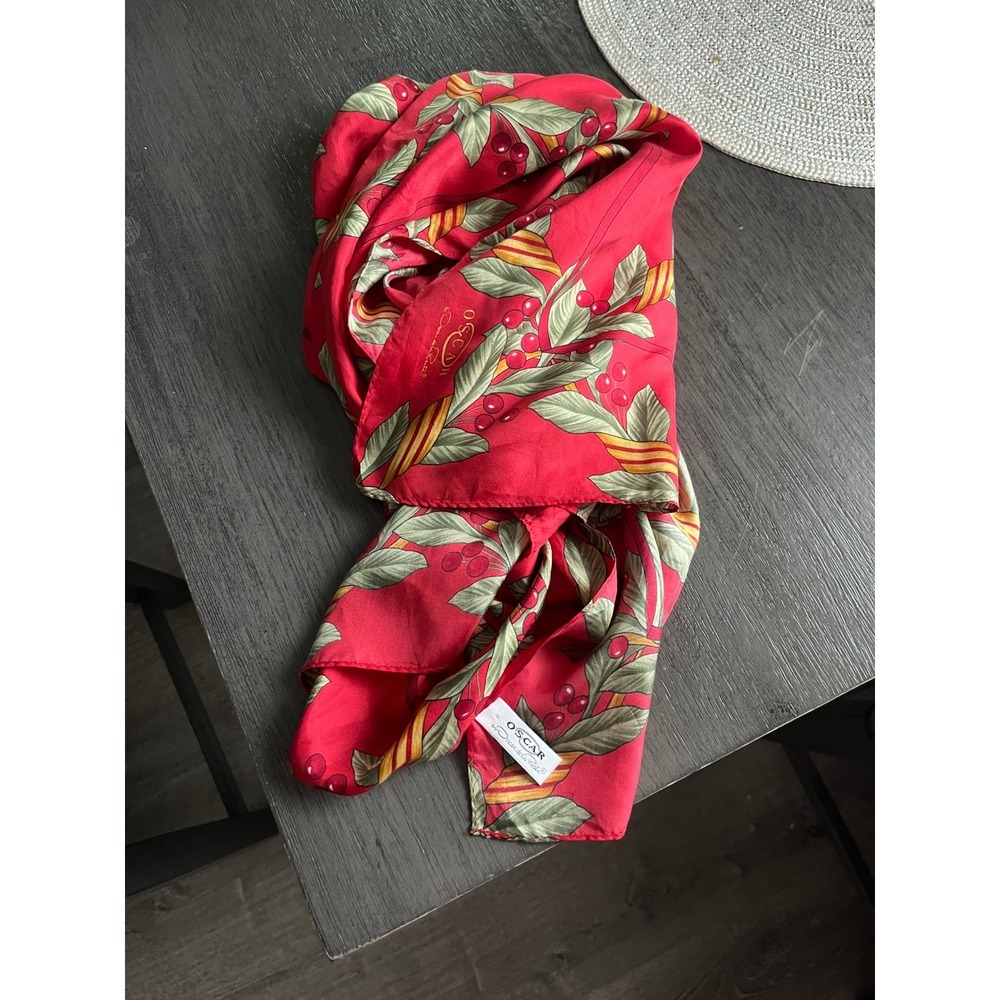Oscar de la Renta Silk Scarf Red Cherry Botanical Print Square Hand Rolled Edge